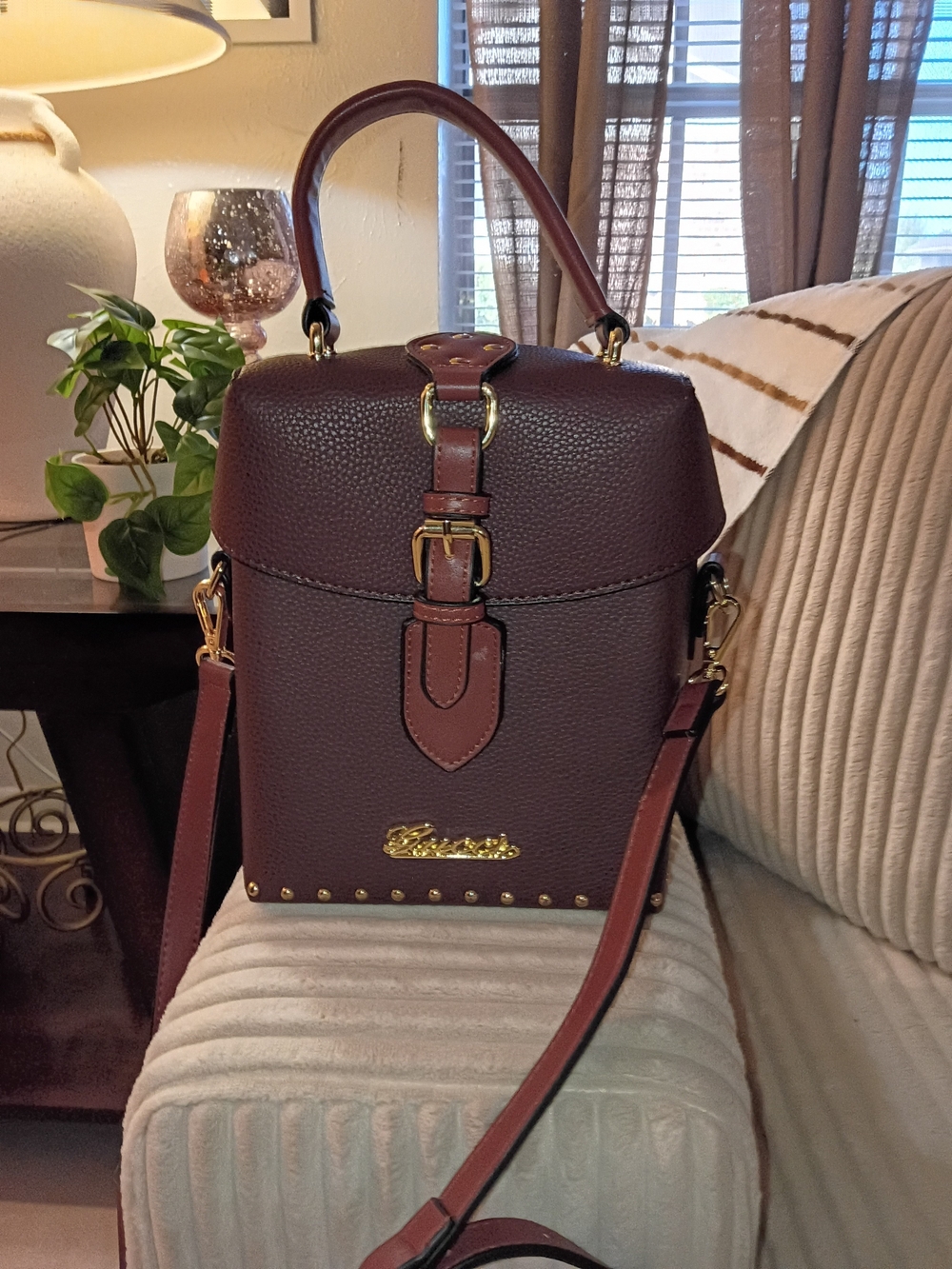 Gold-Accent Burgundy Crossbody Top-Handle Bag